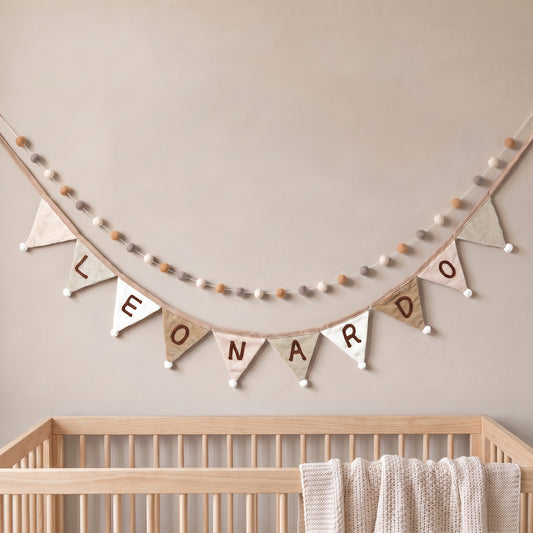 Personalized Multicolor Name Hangable Triangle Banner Pennant with Fluff Balls Home Decor Birthday Baby Shower Gift for Kids Parents