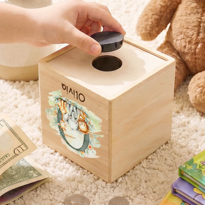 Personalized Initial Cute Animal Pattern Wooden Cube Money Box with Name Kids Room Decor Birthday Children's Day Gift for Boys Girls