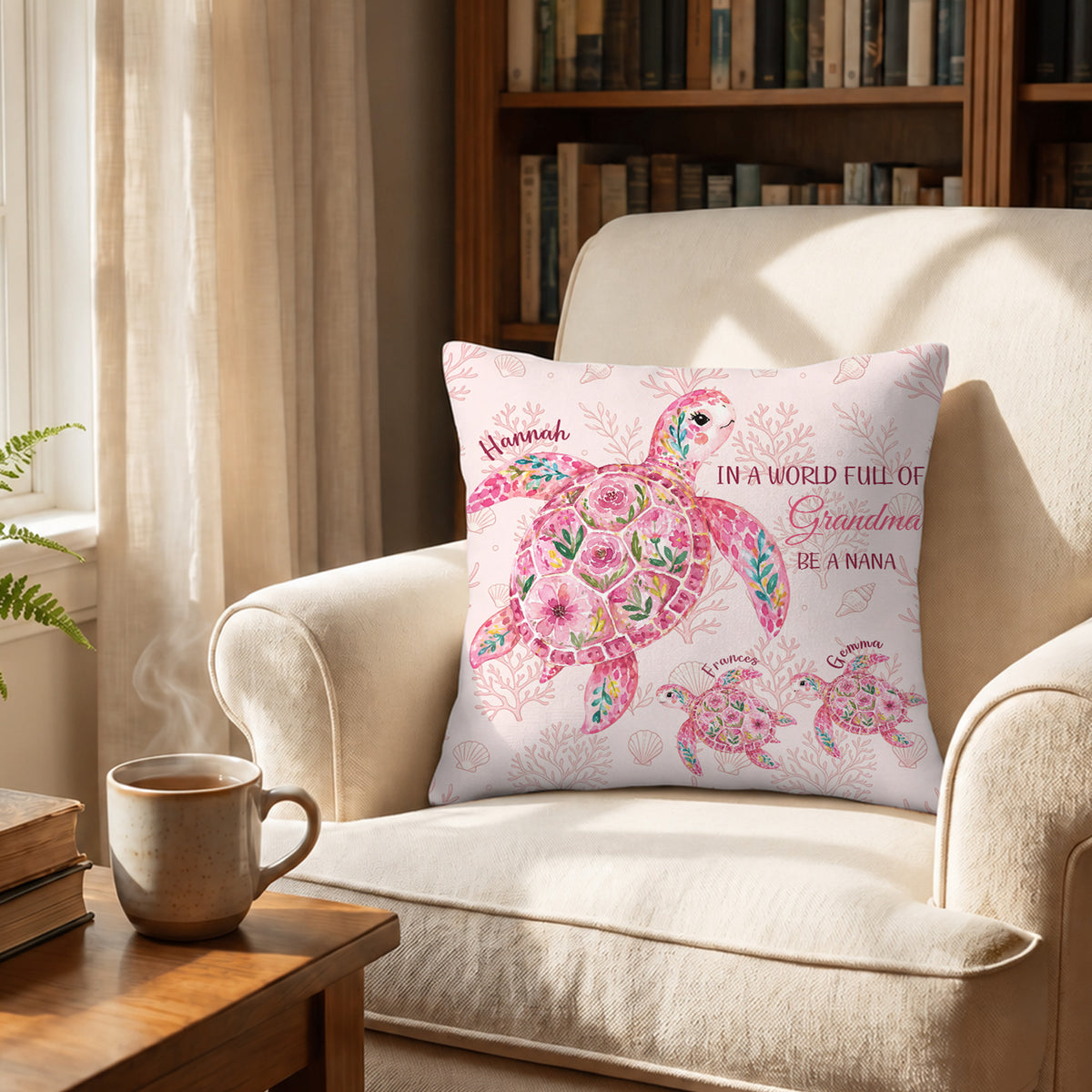 Personalized Sea Turtle Pattern Soft Throw Pillow Cover with Name Home Decor Anniversary Birthday Gift for Girl Woman Grandma