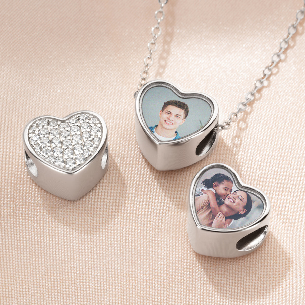 Personalized Sterling Silver Crystal Heart Photo Charm Accessory Fit Necklace Bracelet Valentine's Day Birthday Gift for Family Friends