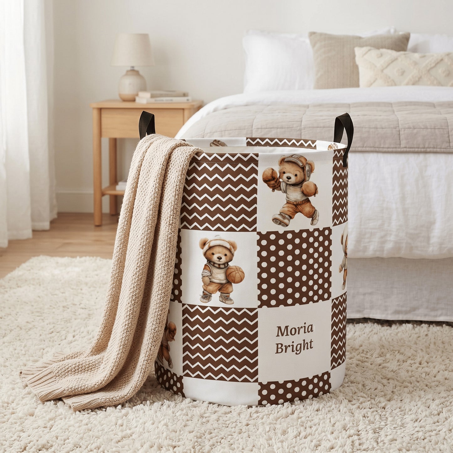 Personalized Sports Teddy Bear Polka Dot Large Capacity Laundry Basket with Name and Handle Nursery Decor Birthday Gift for Kids