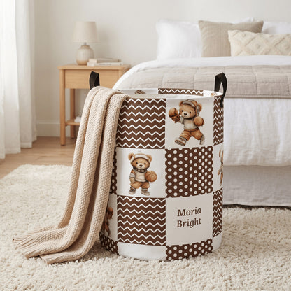 Personalized Sports Teddy Bear Polka Dot Large Capacity Laundry Basket with Name and Handle Nursery Decor Birthday Gift for Kids