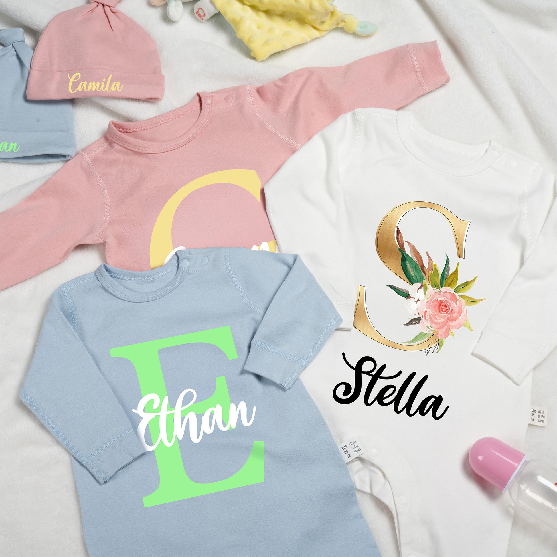 Personalized Initial Floral Design Name 100% Cotton Baby Romper Hat Blanket Outfit with Gift Box Baby Shower  Coming Home Gift for Newborn
