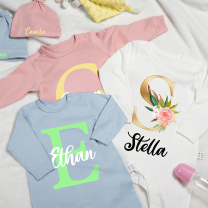 Personalized Initial Floral Design Name 100% Cotton Baby Romper Hat Blanket Outfit with Gift Box Baby Shower  Coming Home Gift for Newborn