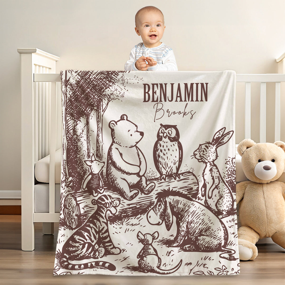 Personalized Vintage Classic Winnie the Pooh Friends Sketch Soft Throw Blanket with Name Baby Shower Birthday Gift for Newborns Kids