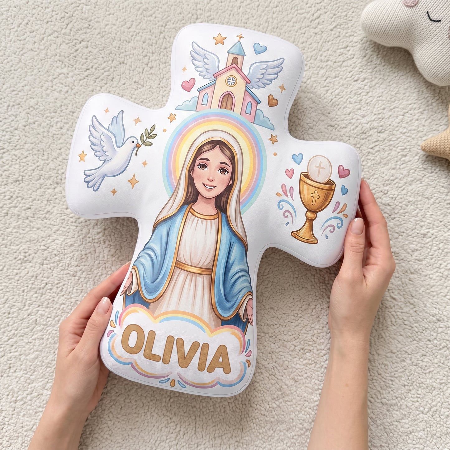 Personalized the Virgin and Child Christian Cross Shaped Soft Throw Pillow with Name Home Decor Birthday Gift for Kids