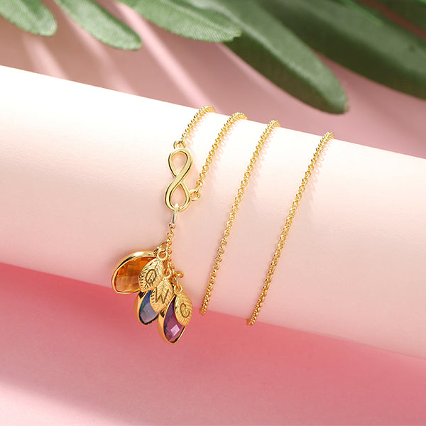 Mom Necklace with Kid's Initials & Leaves Birthstones