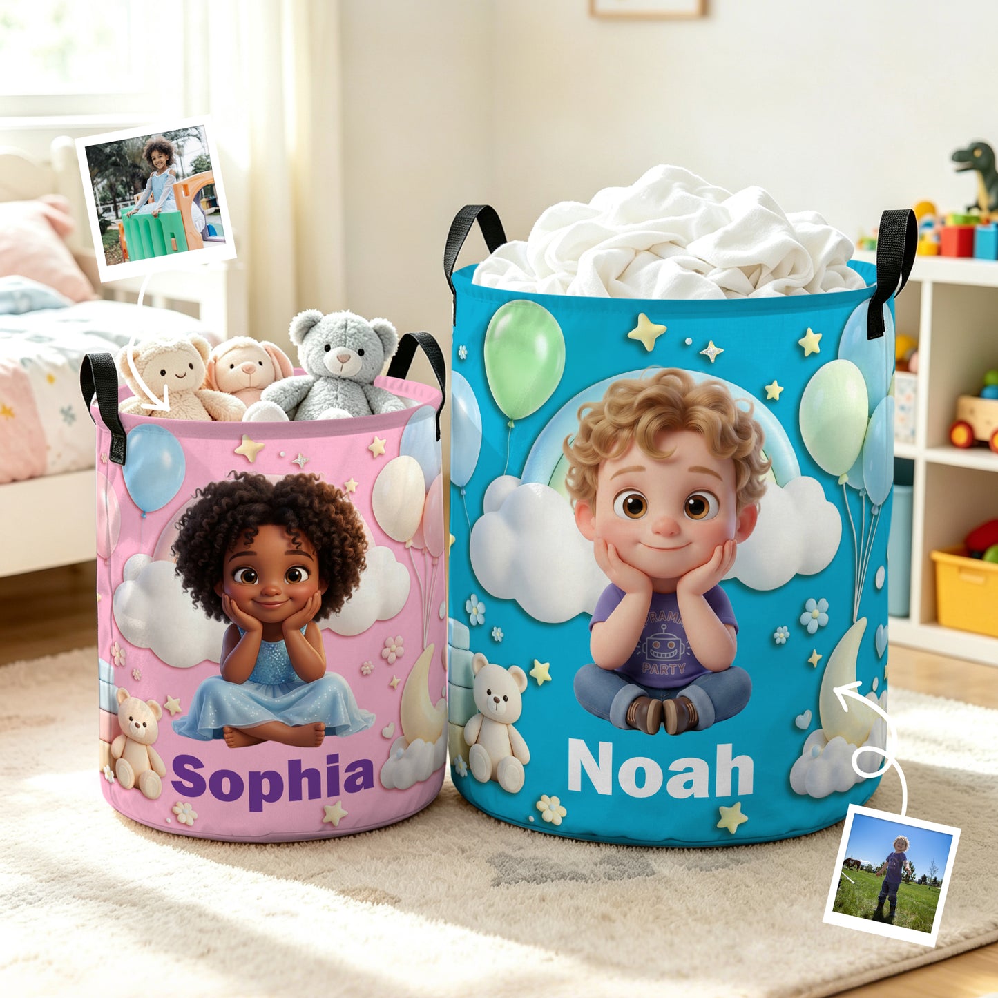 Personalized Cartoon Style Photo Waterproof Laundry Storage Basket with Name and Handles Room Decor Birthday Gift for Kids Boys Girls