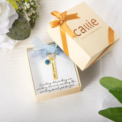 Personalized Blue Crystal Bridal Bouquet Charm with Engraved Text and Card Something Blue Wedding Gift for Bride
