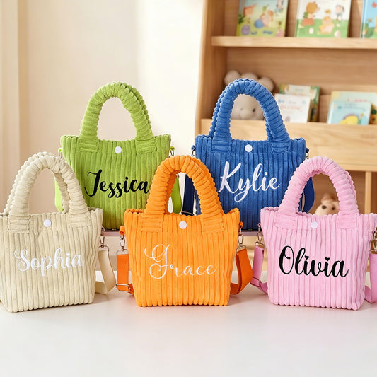 Personalized Multicolor Cute Embroidered Name Corduroy Crossbody Bag Birthday Back to School Gift for Kids Girls Boys