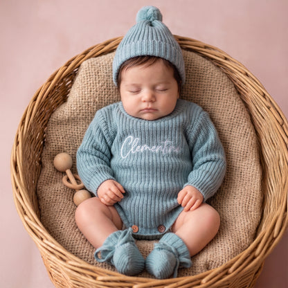 Personalized Multicolor Knitted 100% Cotton Soft Baby Bodysuit Hat Booties Set with Embroidered Name Coming Home Outfit Birthday Gift for Baby Newborn