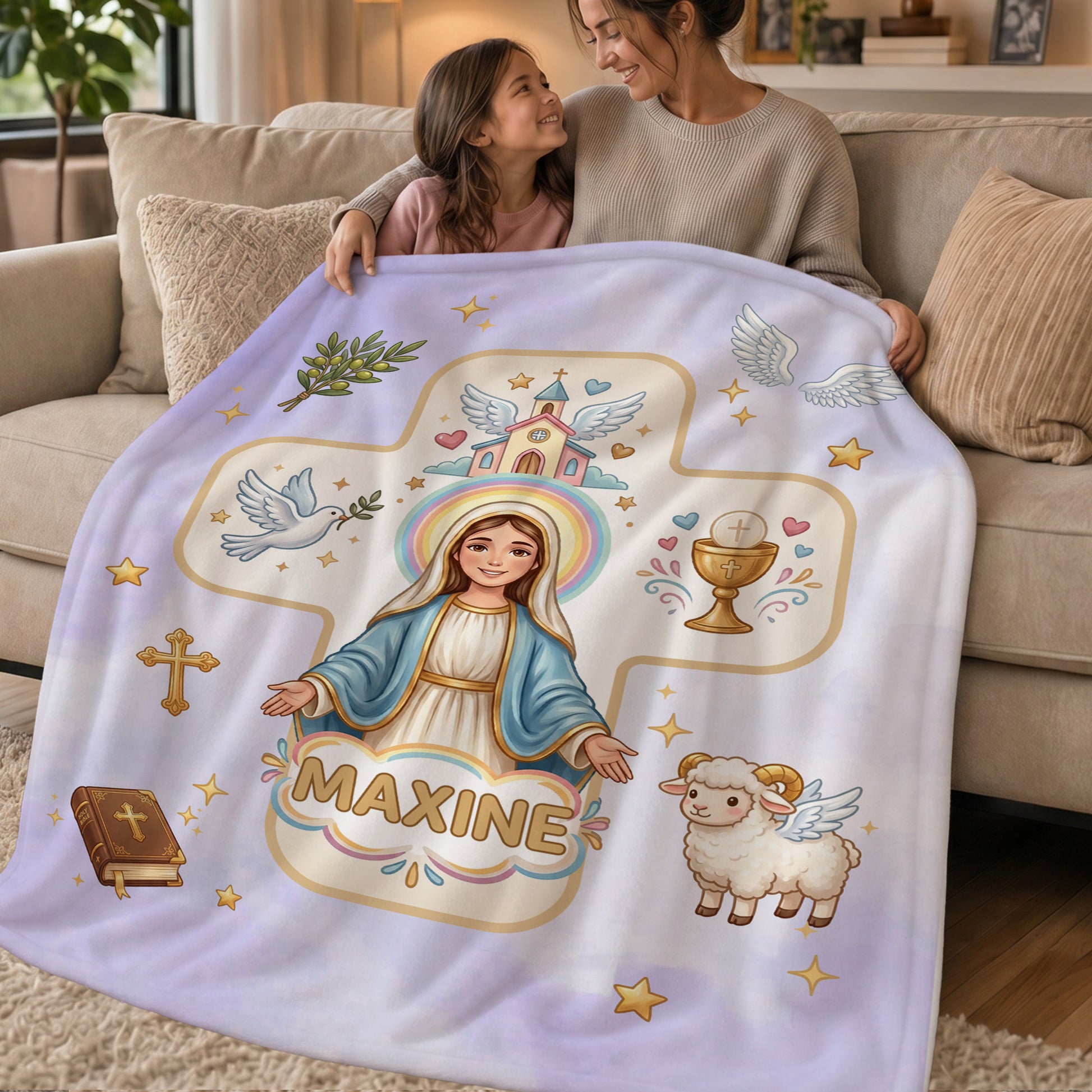 Personalized Virgin Mary & Jesus Cross Soft Warm Throw Blanket with Name Room Decor Baptism Gift for Kid Newborn
