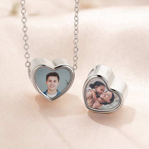 Personalized Sterling Silver Crystal Heart Photo Charm Accessory Fit Necklace Bracelet Valentine's Day Birthday Gift for Family Friends