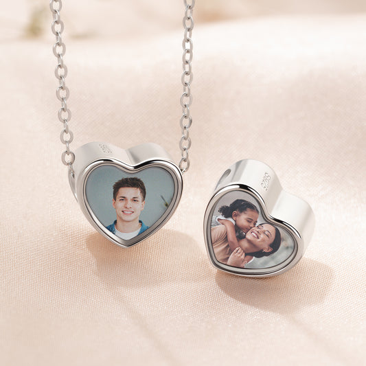 Personalized Sterling Silver Crystal Heart Photo Charm Accessory Fit Necklace Bracelet Valentine's Day Birthday Gift for Family Friends