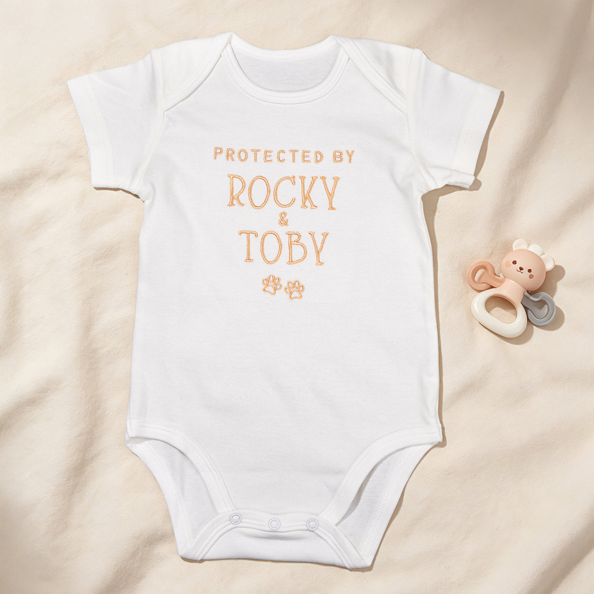 Personalized 100% Cotton Embroidered Protected By Pet Baby Bodysuit with Text and Paw Print Baby Shower Birthday Gift for Newborn Baby