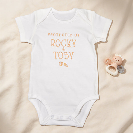 Personalized 100% Cotton Embroidered Protected By Pet Baby Bodysuit with Text and Paw Print Baby Shower Birthday Gift for Newborn Baby
