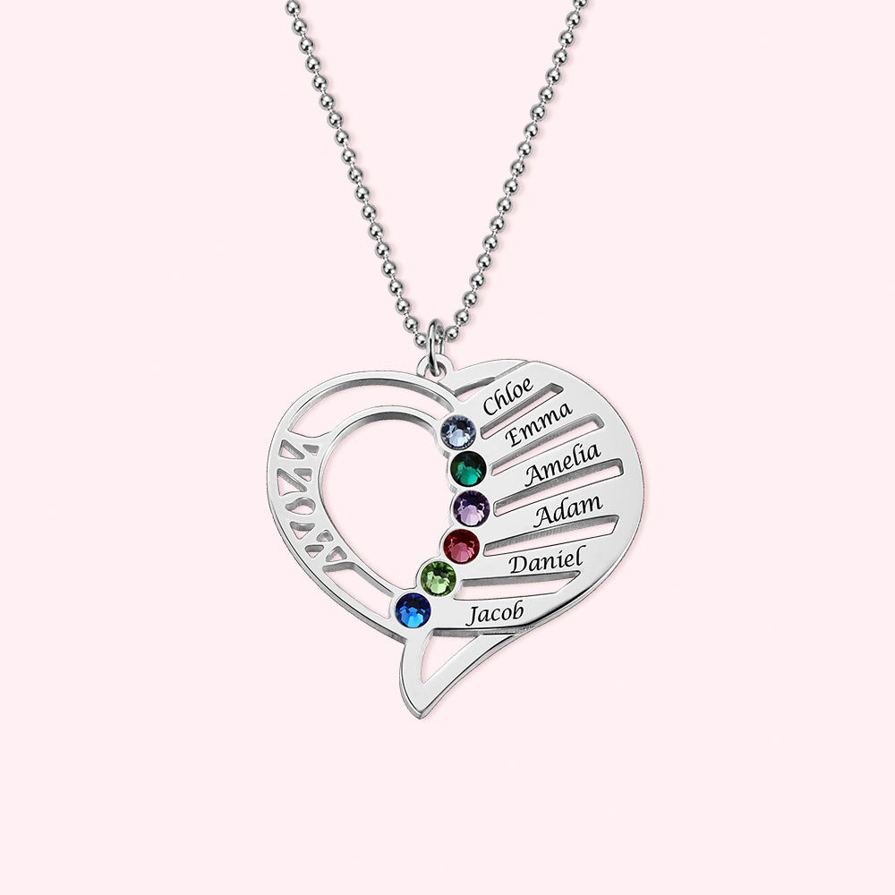 Heart Mother's Necklace with Kids 1-6 Names and Birthstones