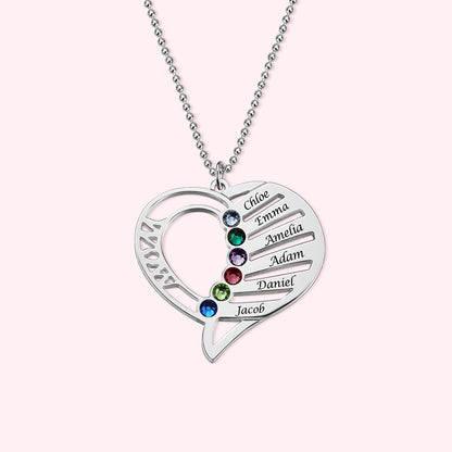 Heart Mother's Necklace with Kids 1-6 Names and Birthstones