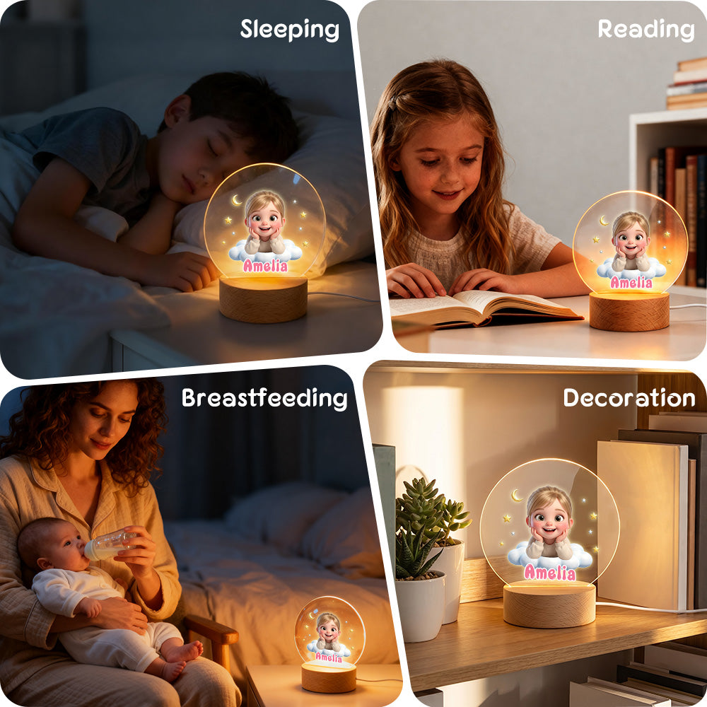 Personalized Cute Cartoon Photo Acrylic LED Night Light with Name and Wooden Base Bedroom Bedside Decor Birthday Gift for Kids New Parents