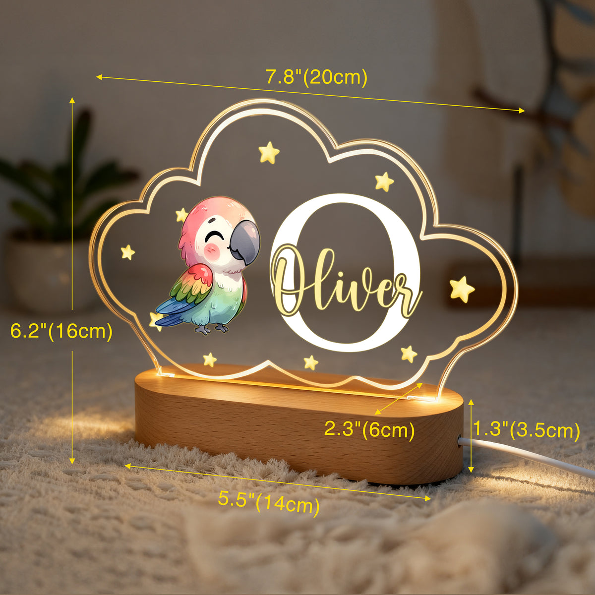 Personalized Cute Animals Star Cloud Style Acrylic LED Night Light with Name and Wooden Base Nursery Decor Birthday Anniversary Gift for Kid Newborn