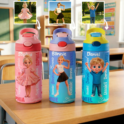 Personalized Cartoon Character BPA-Free Transparent or Insulated Water Bottle with Straw and Name Back to School Gift for Kids