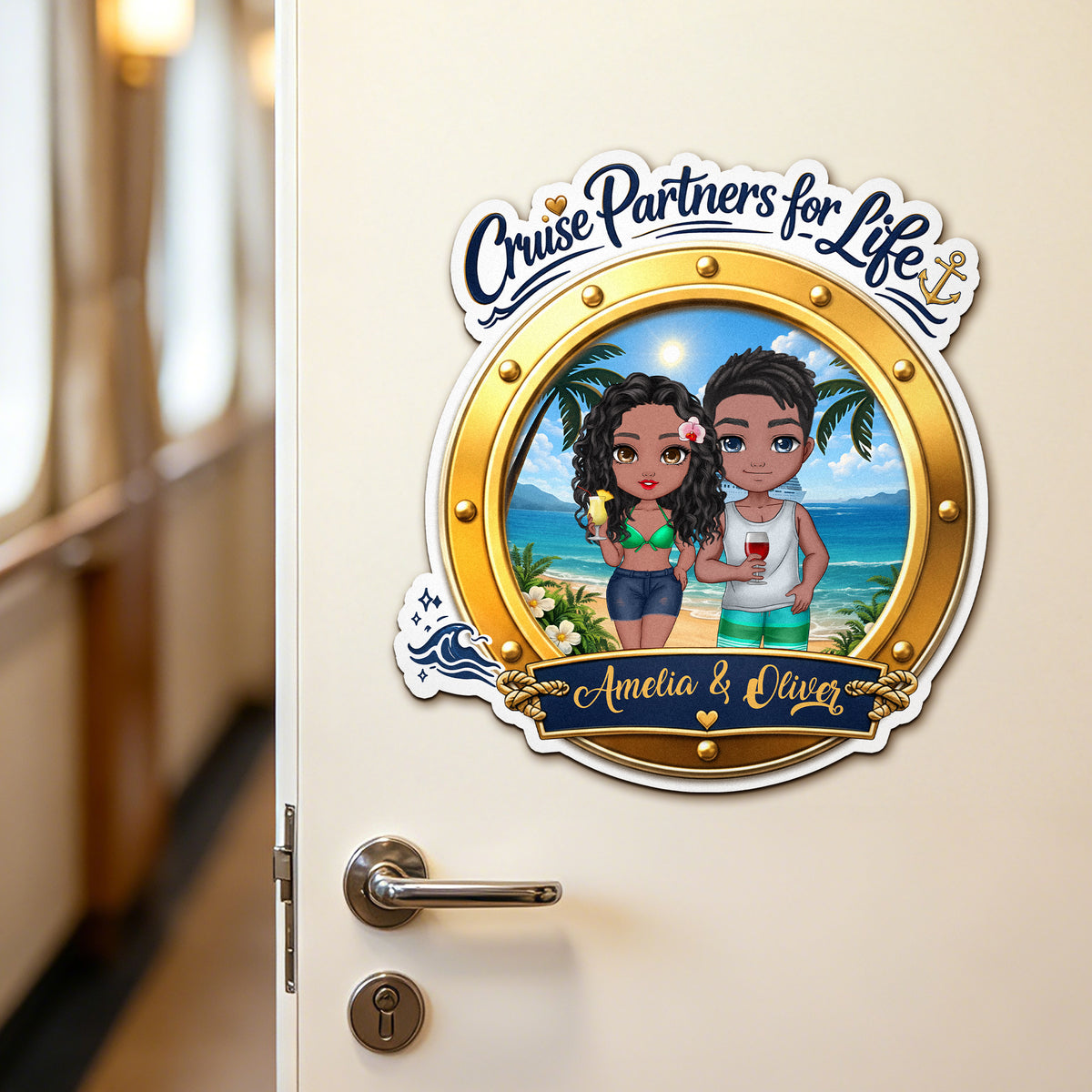 Personalized Cartoon Couple Character Cruise Fridge Magnet with Name Home Decor Birthday Summer Travel Gift for Couple Newlyweds
