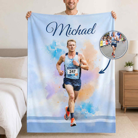 Personalized Watercolor Marathon Themed Soft Throw Blanket with Photo and Name Home Decor Marathon Race Day Birthday Gift for Marathon Runners
