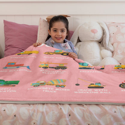 Personalized Construction Truck Blanket with Name – Soft Anti-Pilling Flannel Toddler Throw Gift for Kids