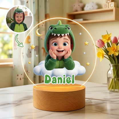 Personalized Cute Cartoon Photo Acrylic LED Night Light with Name and Wooden Base Bedroom Bedside Decor Birthday Gift for Kids New Parents