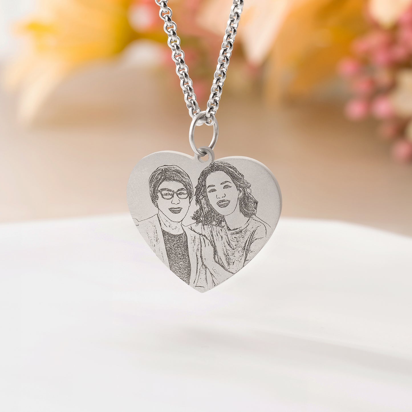 Personalized Engraved Heart Photo Sterling Silver Necklace with Text Mother's Day Valentine's Day Anniversary Gift for Family Friend