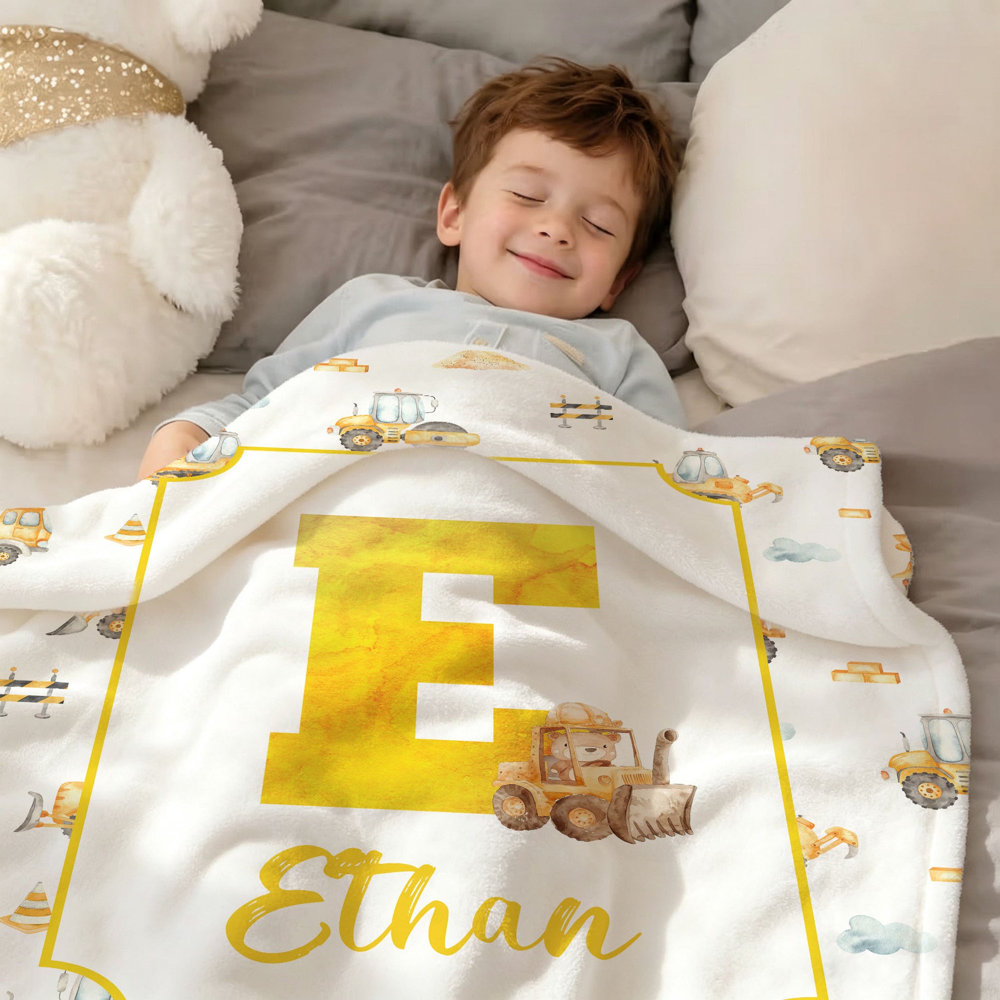 Personalized Cartoon Animal Construction Bulldozer Soft Throw Blanket with Name and Initial Nursery Decor Birthday Baby Shower Gift for New Baby