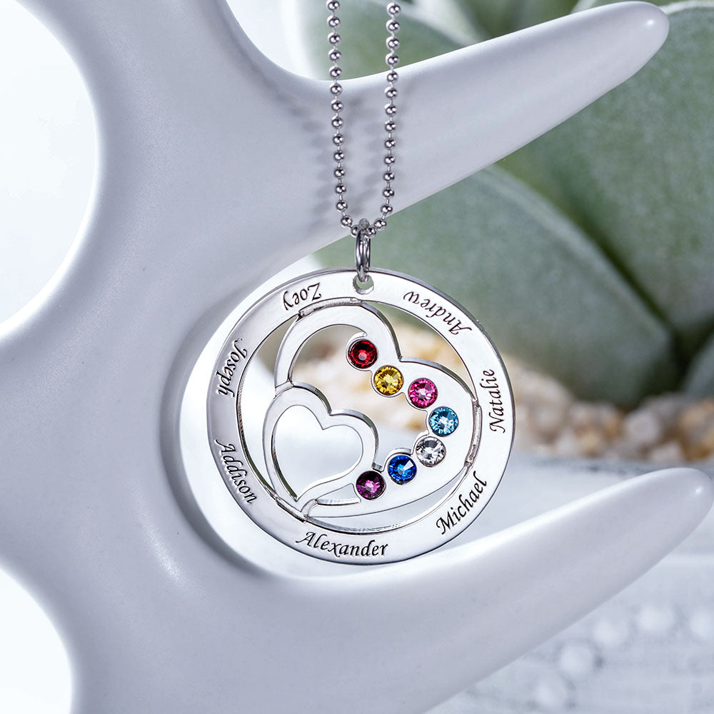 Heart in Heart Mom Necklace With 1-7 Children's Birthstones and Names | Callie