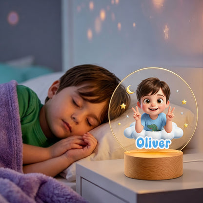 Personalized Cute Cartoon Photo Acrylic LED Night Light with Name and Wooden Base Bedroom Bedside Decor Birthday Gift for Kids New Parents