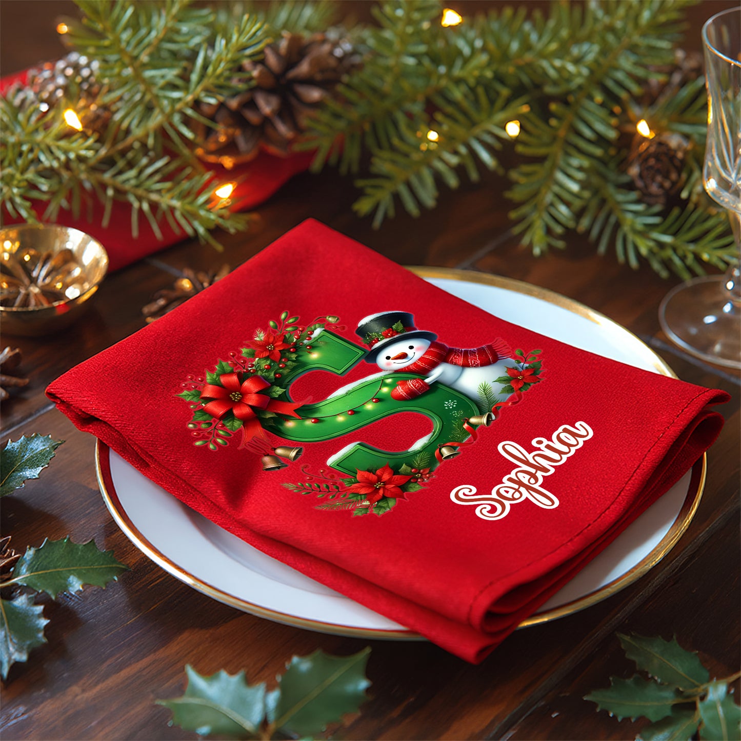 Personalized 100% Cotton Christmas Snowman Initial Reusable Table Napkin with Name Table Decor Christmas Gift for Family