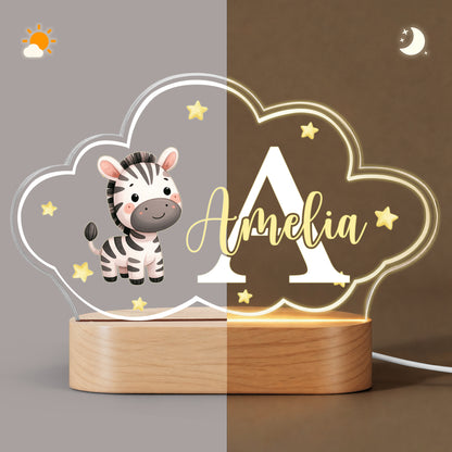 Personalized Cute Animals Star Cloud Style Acrylic LED Night Light with Name and Wooden Base Nursery Decor Birthday Anniversary Gift for Kid Newborn