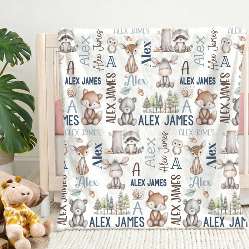 Personalized Cute Hand Painted Animals Soft Throw Blanket with Name and Initial Home Decor Daily Use Birthday Gift for Kids