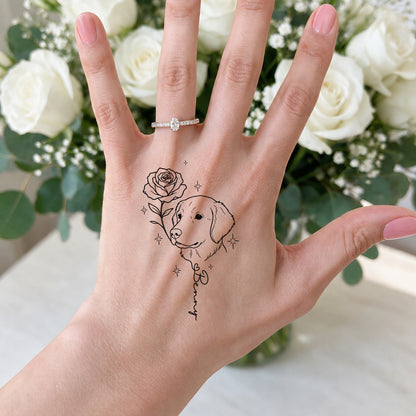 Personalized Line-Art Pet Photo Birth Flower Tattoo Sticker with  Name Party Birthday Gift for Dog Cat Pet Lover Owner