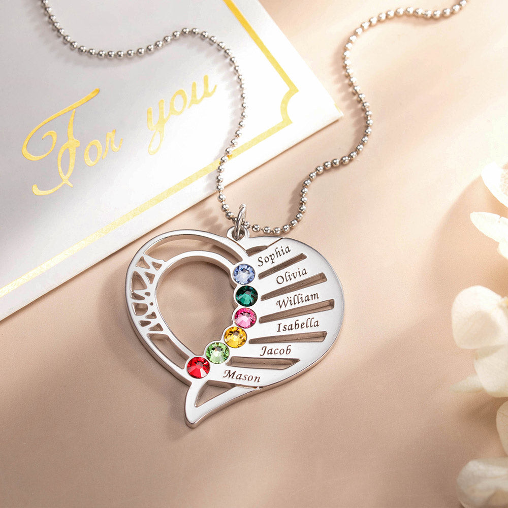 Heart Mother's Necklace with Kids 1-6 Names and Birthstones