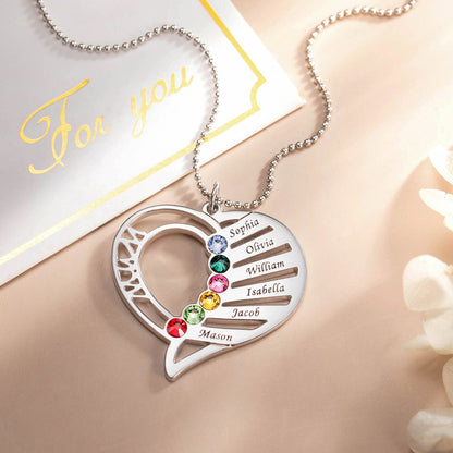 Heart Mother's Necklace with Kids 1-6 Names and Birthstones