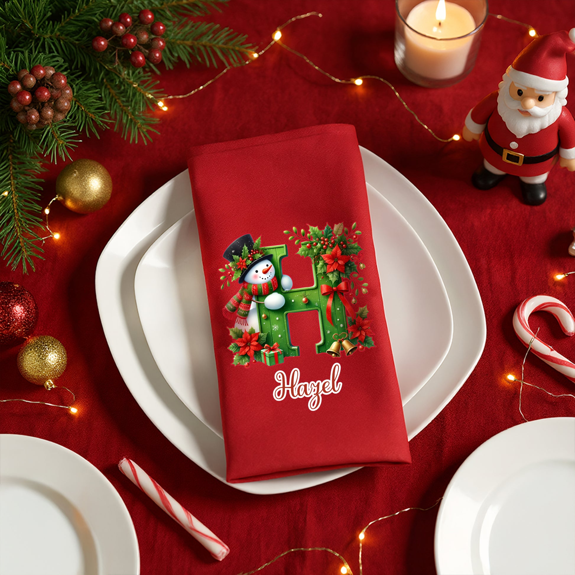 Personalized 100% Cotton Christmas Snowman Initial Reusable Table Napkin with Name Table Decor Christmas Gift for Family
