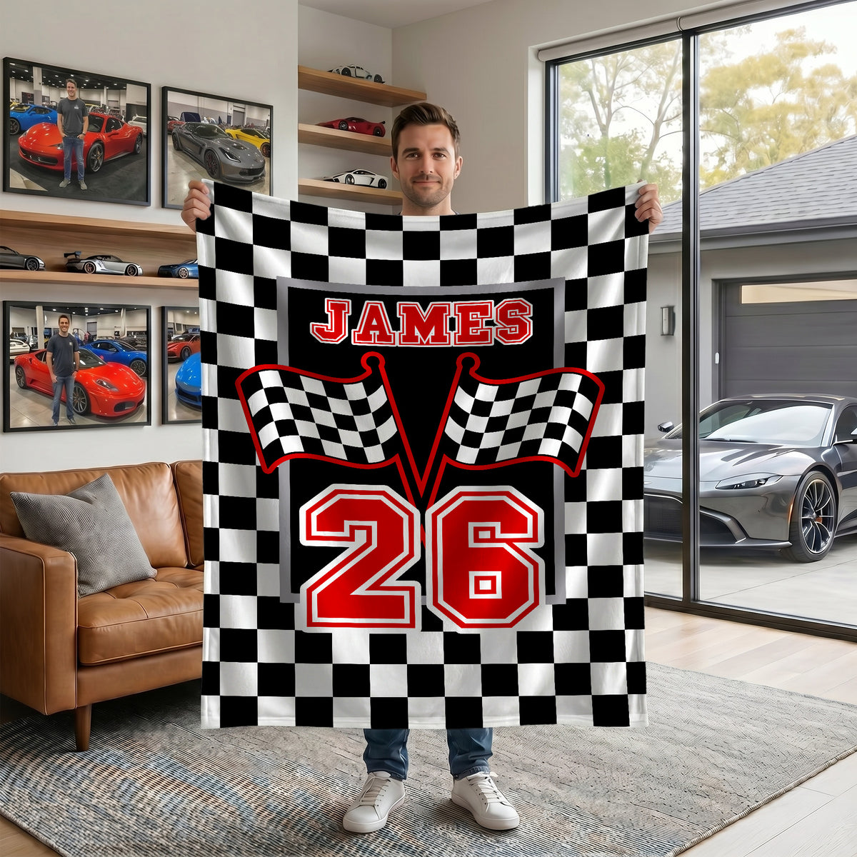 Personalized Checkered Flag Racing Design Soft Throw Blanket with Name and Number Home Decor Father's Day Birthday Gift for Man Racing Enthusiast