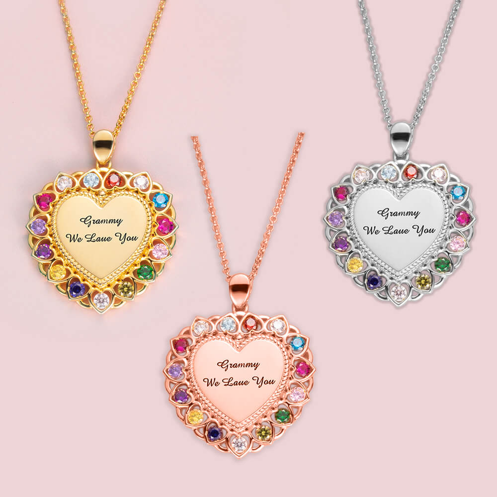 Mom or Grandma Heart Necklace with Kid's Birthstones and Engraving