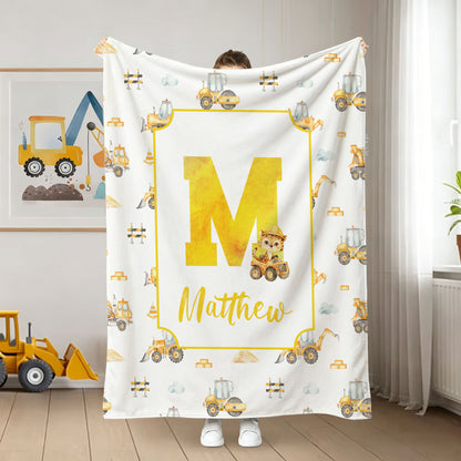 Personalized Cartoon Animal Construction Bulldozer Soft Throw Blanket with Name and Initial Nursery Decor Birthday Baby Shower Gift for New Baby