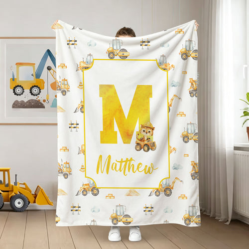 Personalized Cartoon Animal Construction Bulldozer Soft Throw Blanket with Name and Initial Nursery Decor Birthday Baby Shower Gift for New Baby