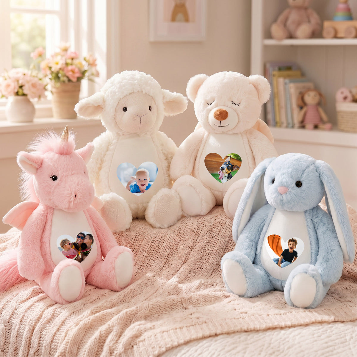 Personalized Cute Cartoon Bunny Bear Plush Toy with Heart Photo Daily Use Birthday Gift for Couple Kids