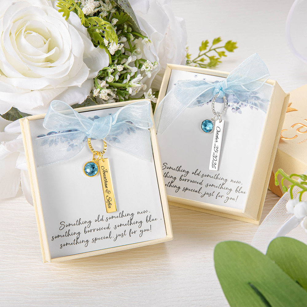 Personalized Blue Crystal Bridal Bouquet Charm with Engraved Text and Card Something Blue Wedding Gift for Bride