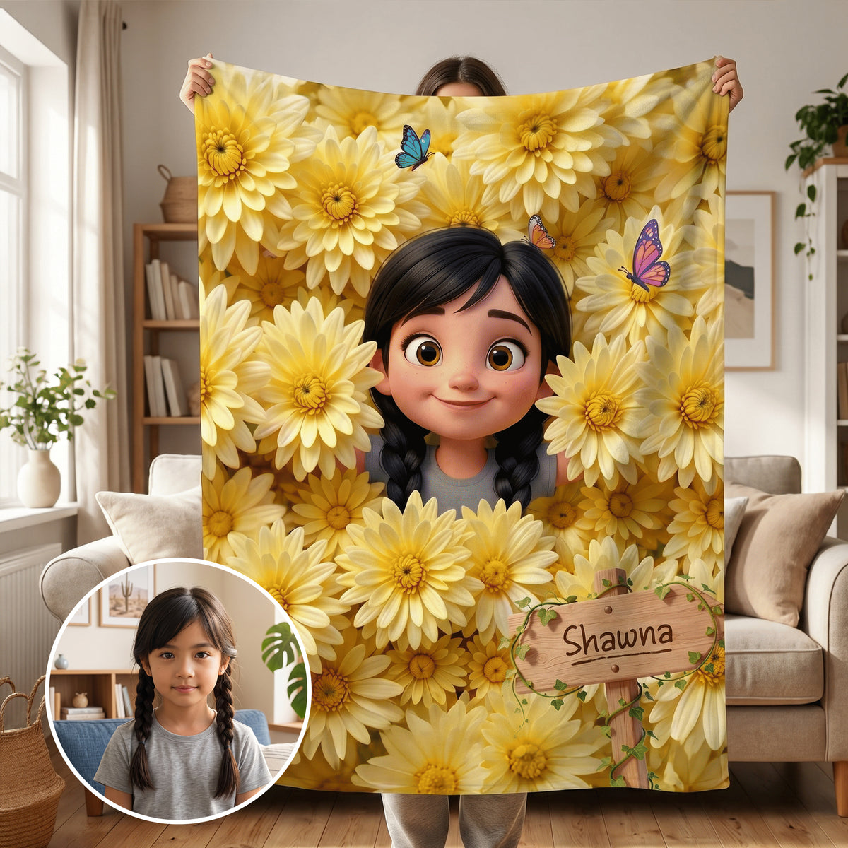 Personalized Birth Flower Cartoon Character Photo Soft Throw Blanket with Name Home Decor Birthday Gift for Kids