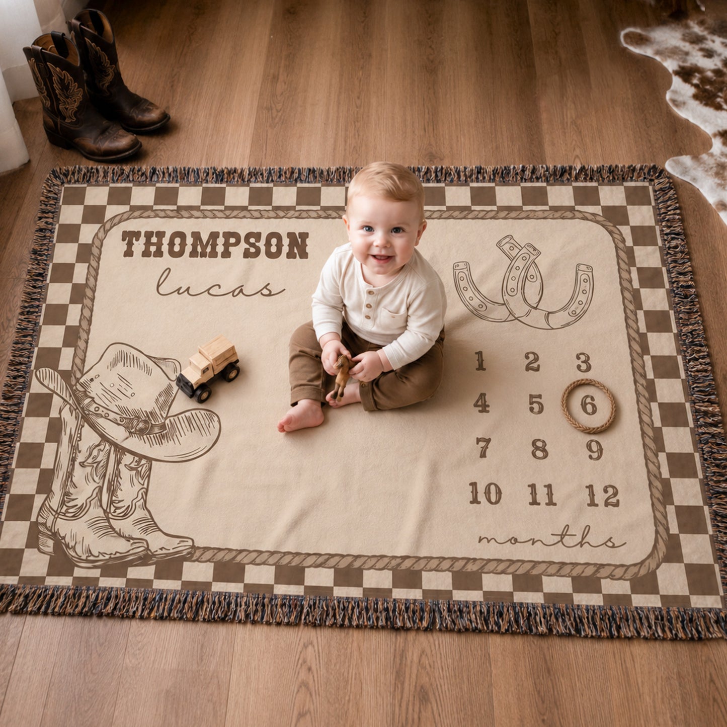 Personalized Western Cowboy Boots and Hat Plaid Month Soft Throw Baby Blanket with Name and Tassels Nursery Decor Birthday Gift for Baby Newborn