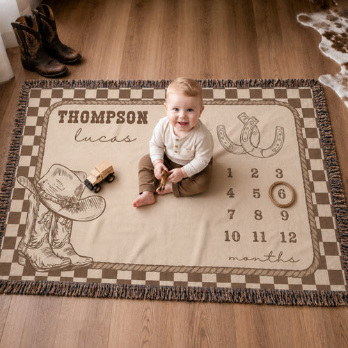 Personalized Western Cowboy Boots and Hat Plaid Month Soft Throw Baby Blanket with Name and Tassels Nursery Decor Birthday Gift for Baby Newborn