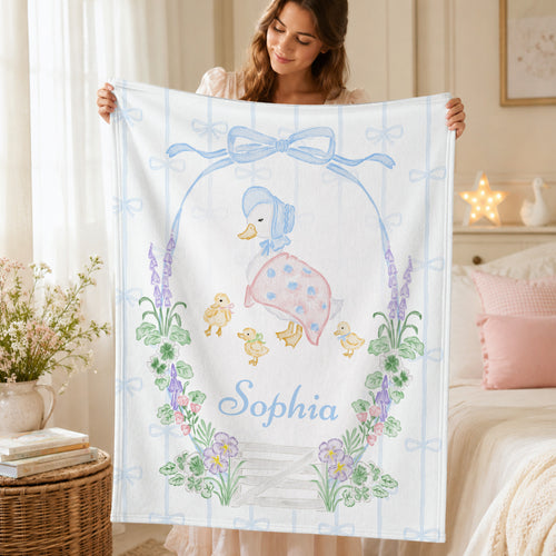 Personalized Cartoon Mother Duck Soft Throw Blanket with Name Nursery Bedding Decor Birthday Anniversary Gift for Newborns Kids